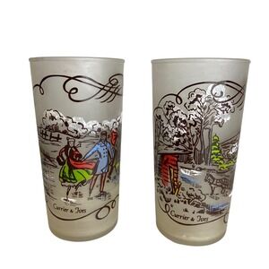 Currier and Ives Frosted Glasses VTG Hazel Atlas Winter Scenes Set Lot of‎ 2